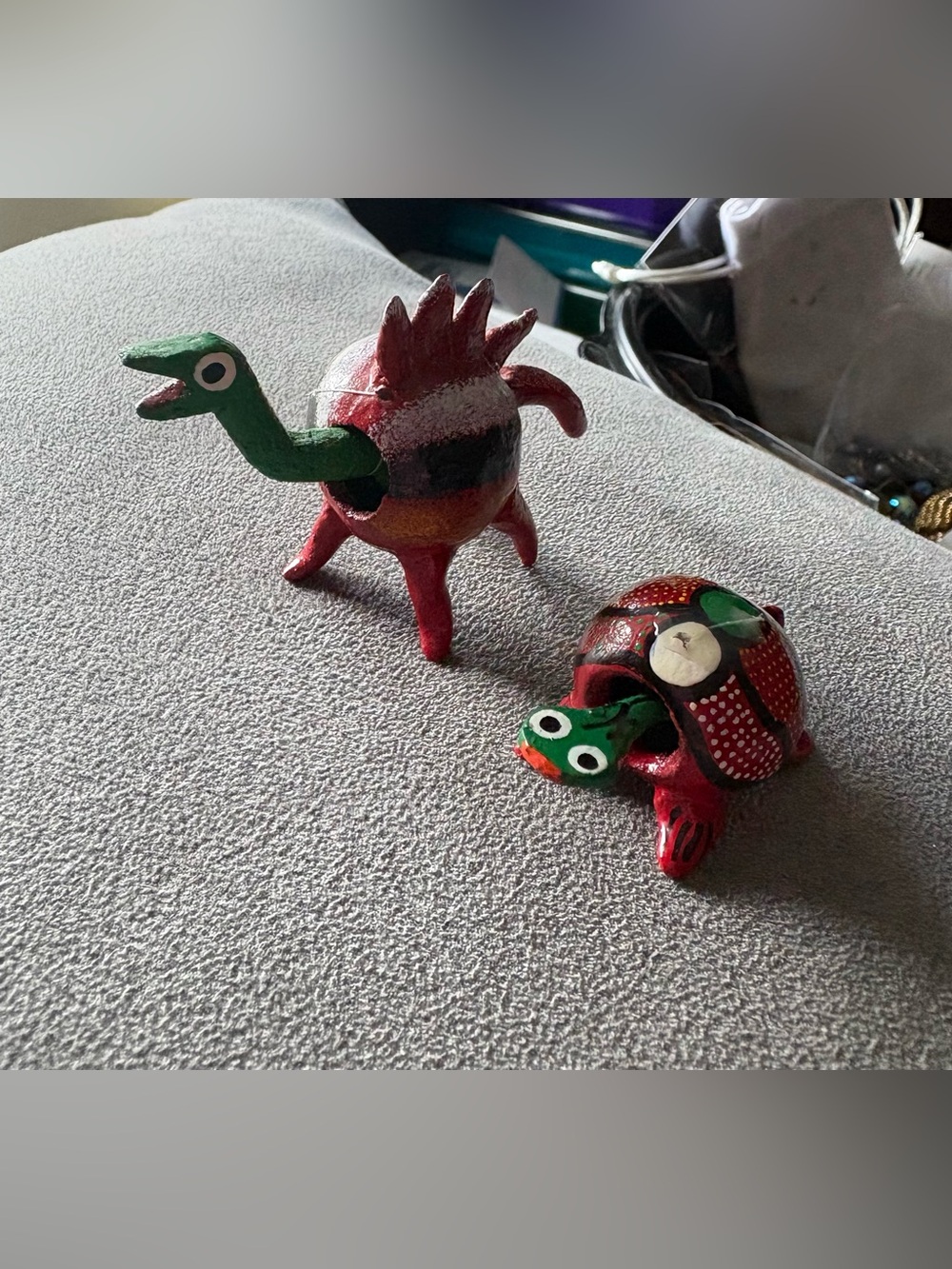 Mexican Hand-Painted Wooden Bobblehead Turtle and Dinosaur Colorful